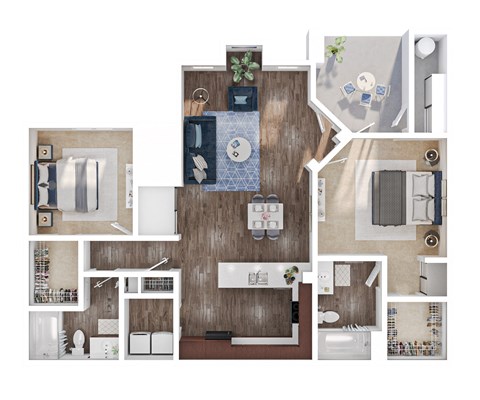 Floor plan for 2 beds, 2 baths, 1101 sqft